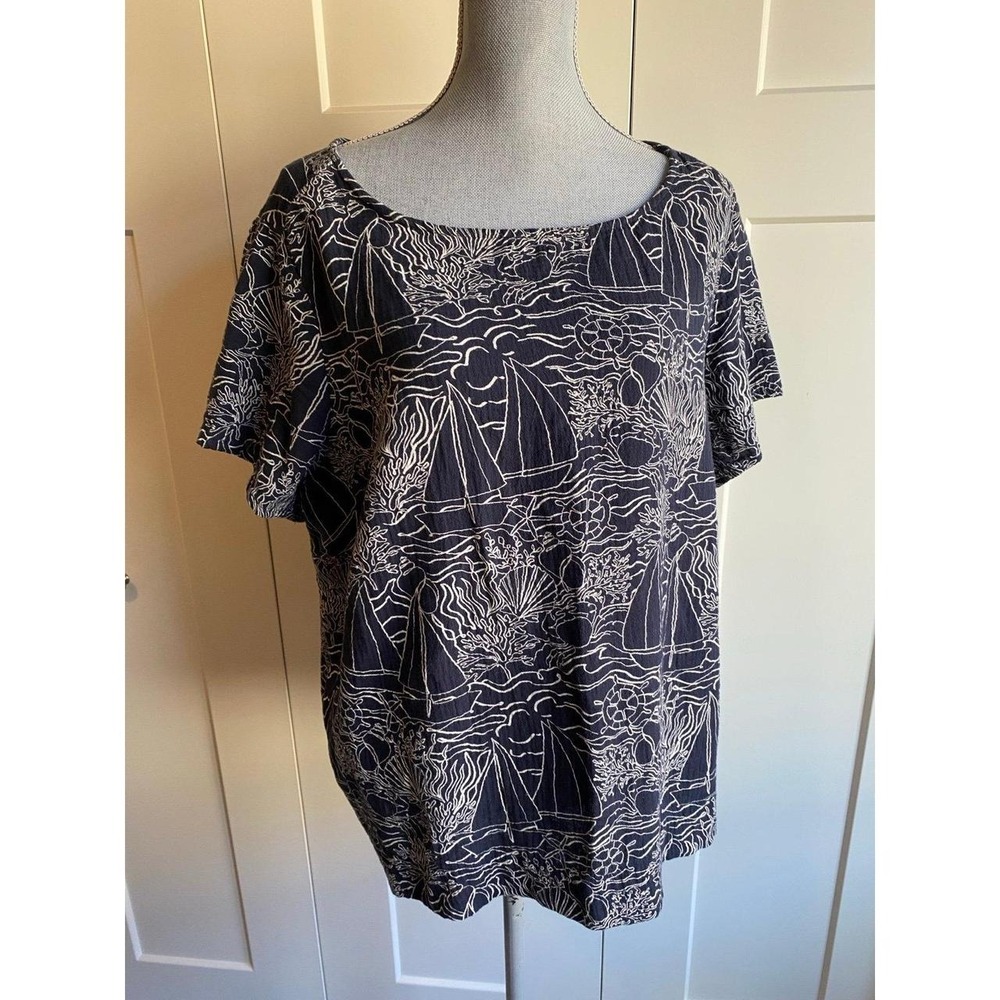 J Jill Sail Boat Cotton Blue White Gauze Blouse 2X Top s64